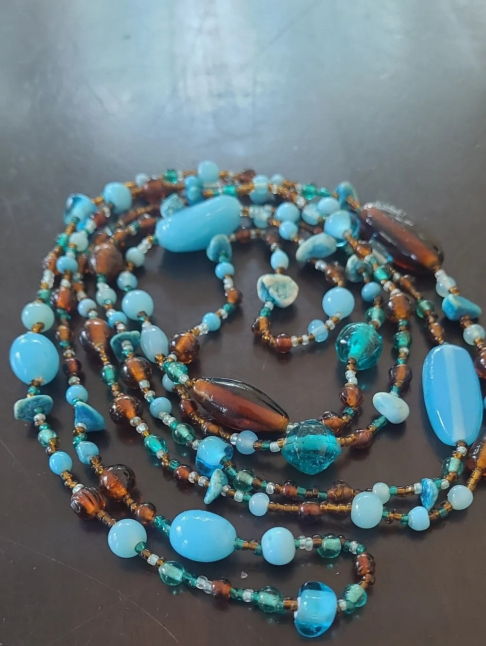 TURQUOISE BLUE & BROWN GLASS BEADS 29 Inches